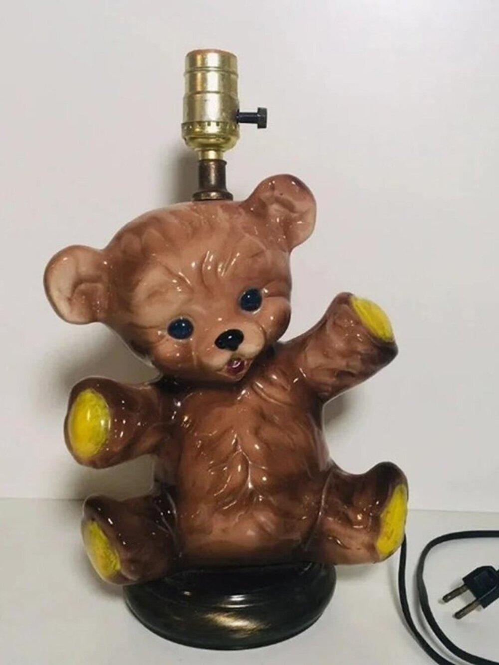 Vintage Ceramic Teddy Bear Table Lamp Hand Painted Brown Nursery Kids Room Decor